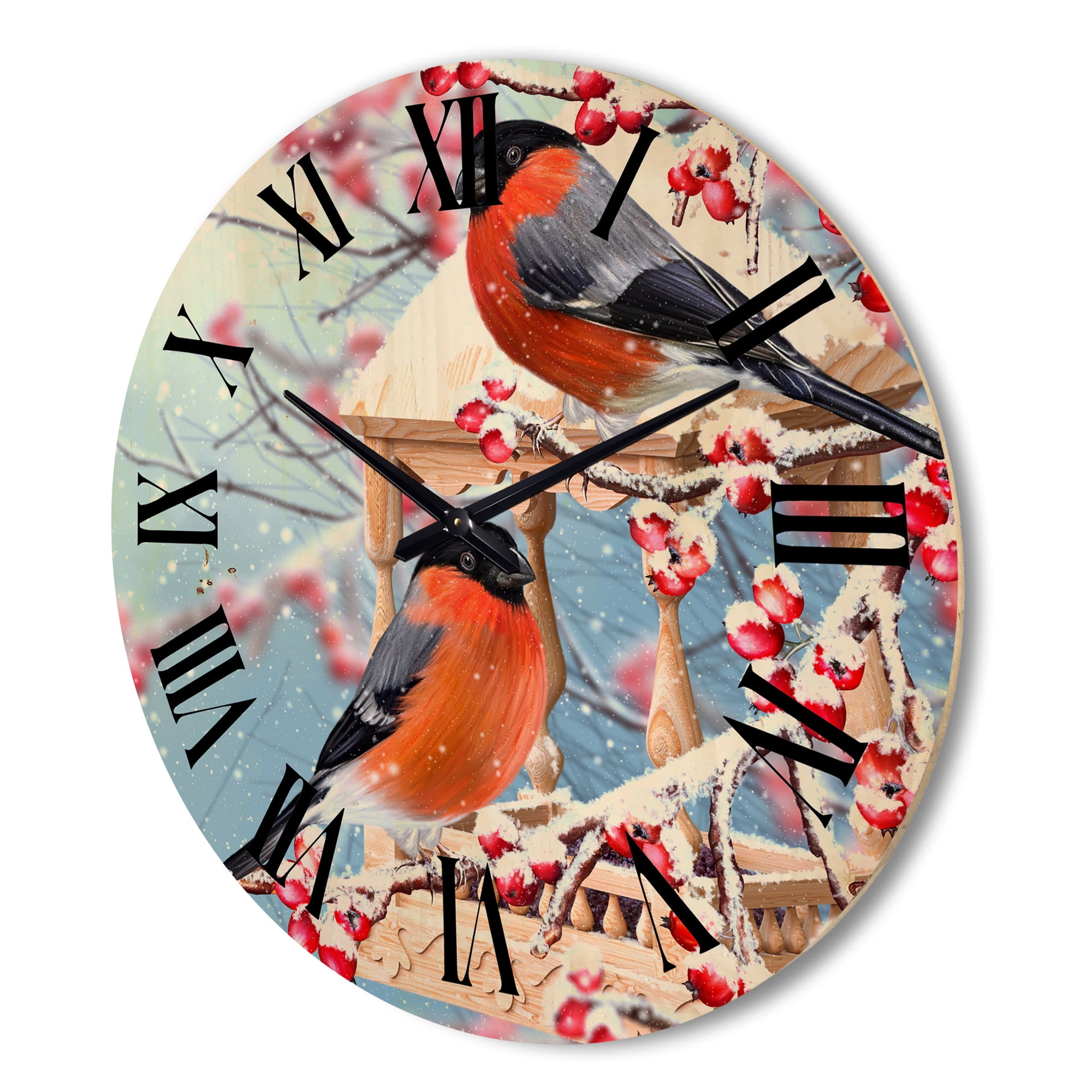 Designart 'Two Tits Sit On A Snow-Covered Berries Branch ' Traditional Wood Wall Clock
