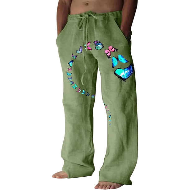 Pantalones casuales de lino para hombre, estampado de mariposas y pájaros, talla grande, sueltos, ligeros, elásticos, con cordón, para exteriores, playa, yoga verde, 3XL verde, 3XL Xishao ropa