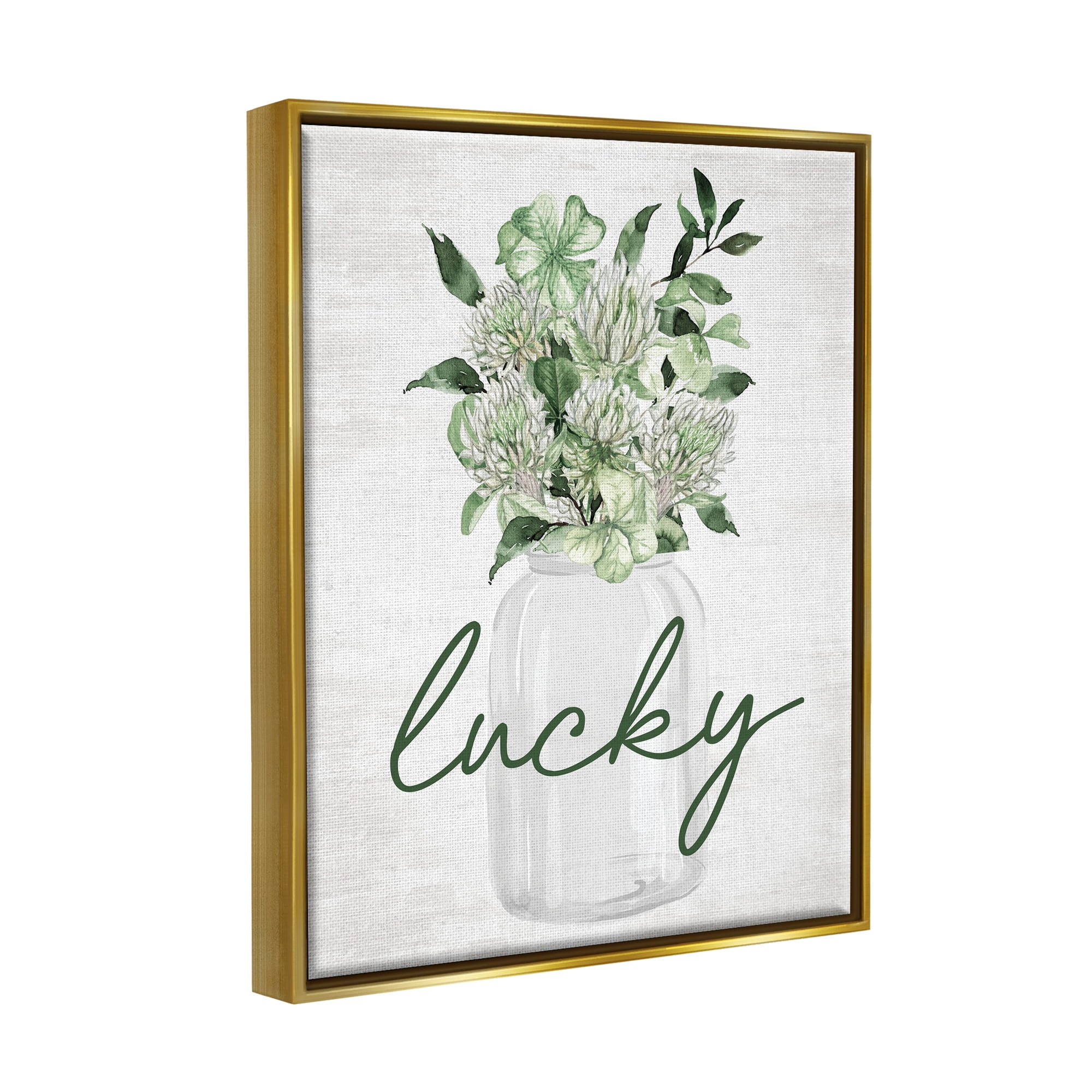 Stupell Industries Lucky Clover Herb Bouquet Botanical & Floral Painting Gold Floater Framed Canvas Art Print Wall Art, 17 x 21