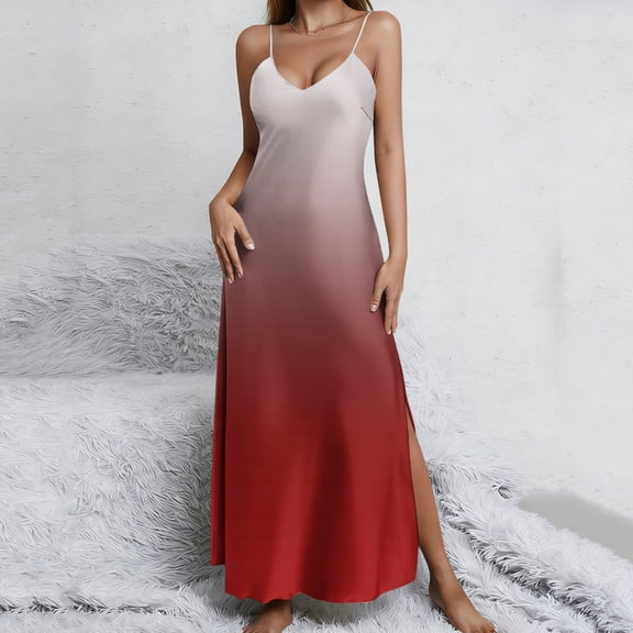 Mifsaly Satin Silk Dress for Women Deep V-Neck Spaghetti Strap Nightgown Gradient Side Slit Maxi Sleep Dresses Lightweight Soft Nightwear and Loungewear L