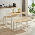 thumbnail image 2 of Xukmct Metal Frame Dining Desk with 2 Dining Benches, Rectangle Wood Tabletop Dining Table Benches Set for Living Room, Party Room, Brown + White, 2 of 8