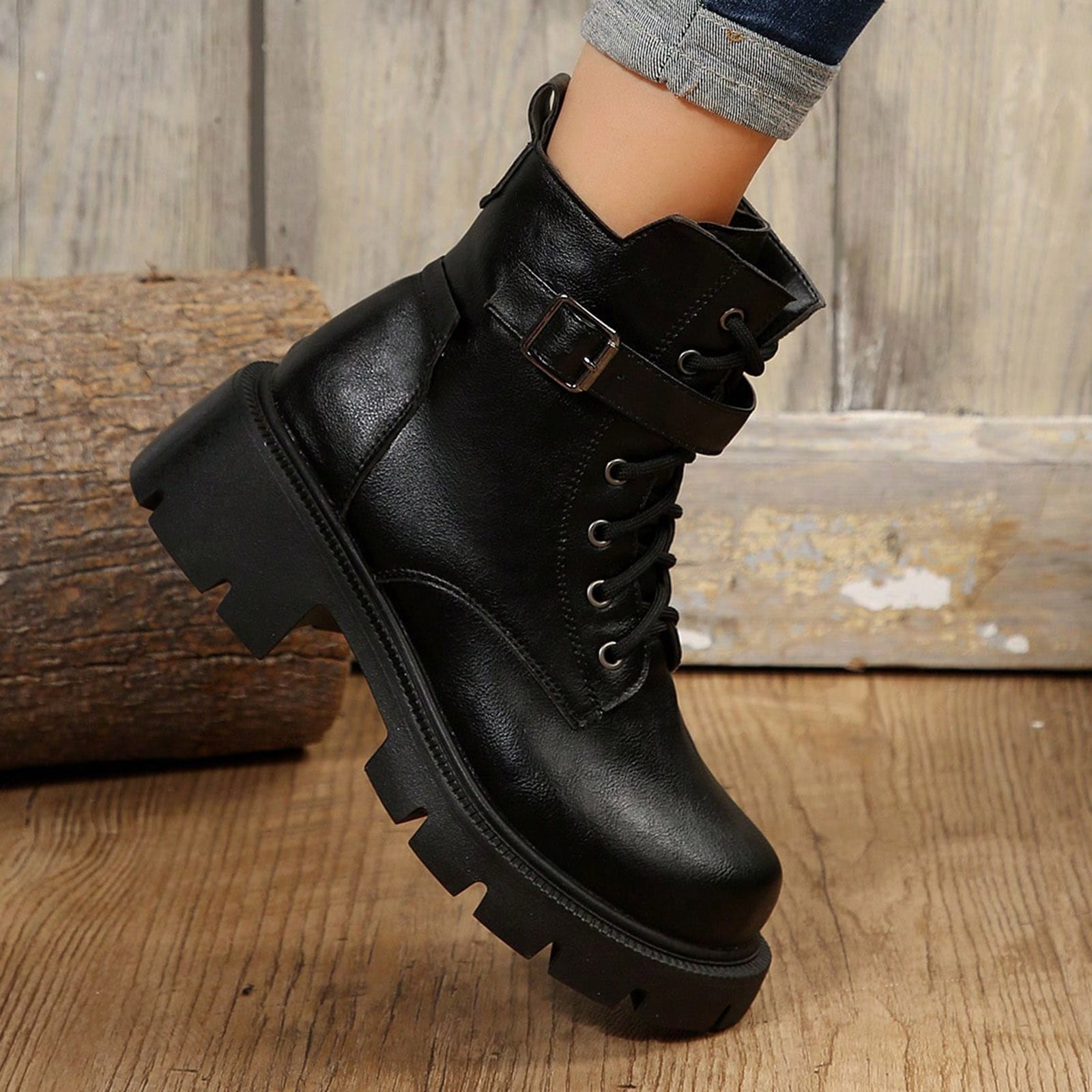 B91xZ Platform Ankle Boots Pointed Toe Side Zipper Square Buckle