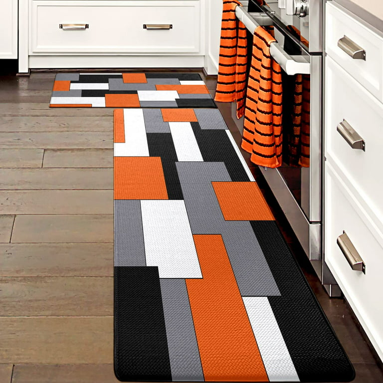 Orange Black Grey White Kitchen Rugs and Mats Set of 2 Cushioned