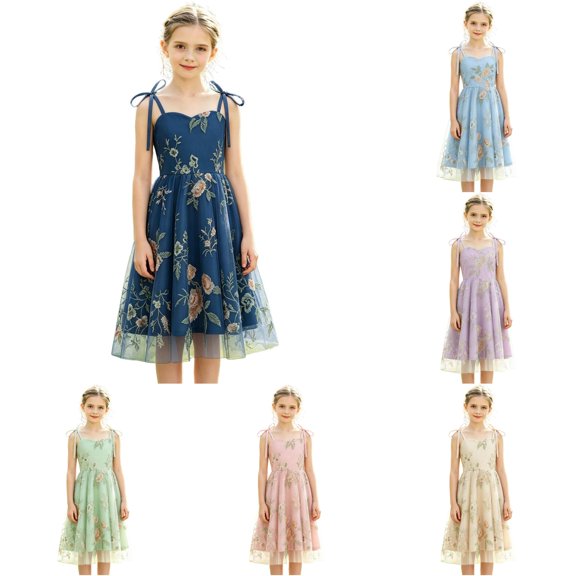 Vividxx Girls Dress Kids Mesh Floral Embroidered Sleeveless Dress Party Evening Gown Daily Wear 8-9 Years