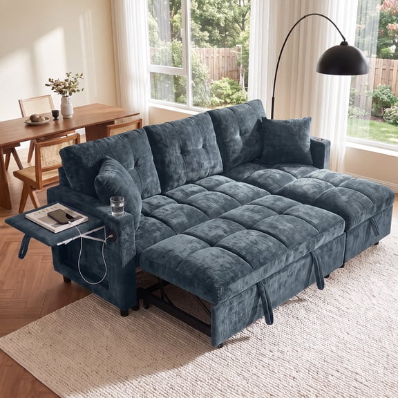 Aukfa 81" L Shape Sleeper Sectional Sofa Bed, Chenille Convertible Couch with Storage Chaise, Side Table & USB/Type-C Ports,Blue