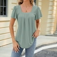 thumbnail image 2 of Flutter Sleeve Blouses for Women Square Neck Pleated Flowy Casual Tops Solid Summer 2025 Mesh Hole T-Shirts Green,S, 2 of 5
