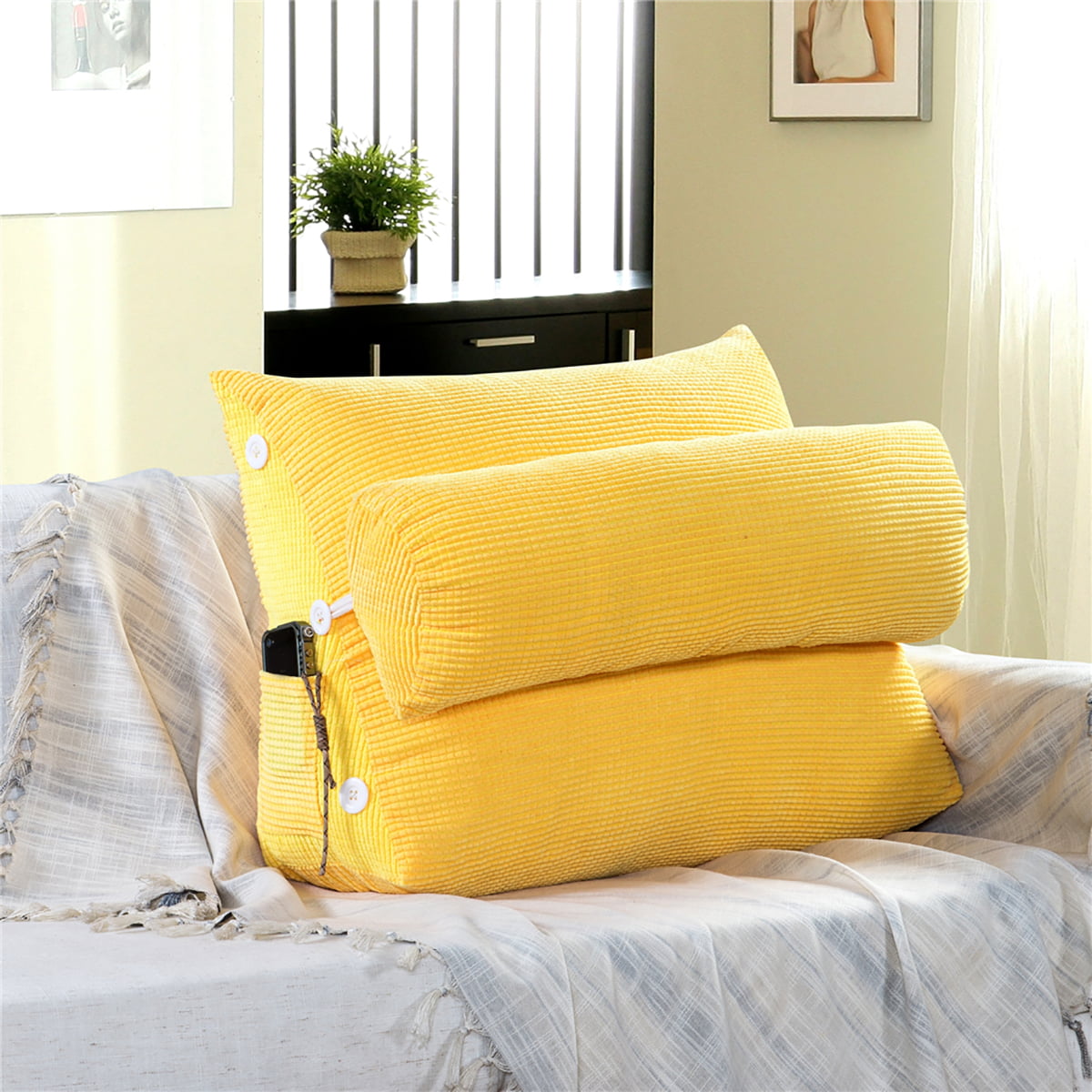 60CM Triangular Wedge Back Pillow Rest Neck Home Sofa Lumbar Cushion Yellow US 