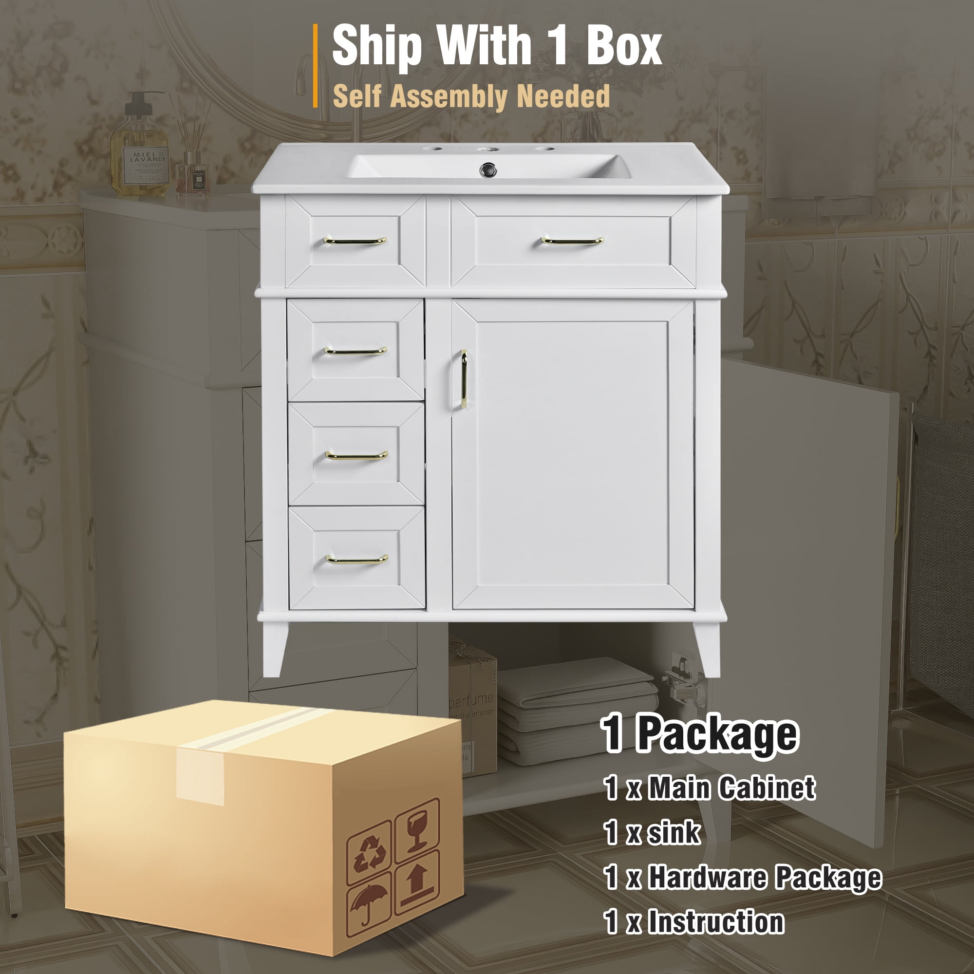 MAYEERTY 30" Bathroom Vanity - With Ceramic Sink, Adjustable Shelf & Soft-Close Door, Practical Storage for Bathrooms