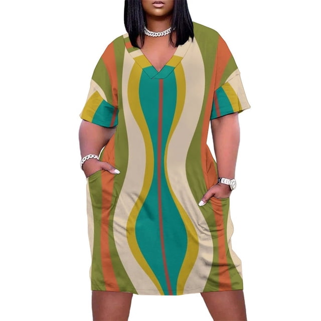 Vestido largo reloj de arena con botones vestido con estampado moderno abstracto talla mediana en turquesa verde azul con negro oliva y medio Mod color Beige