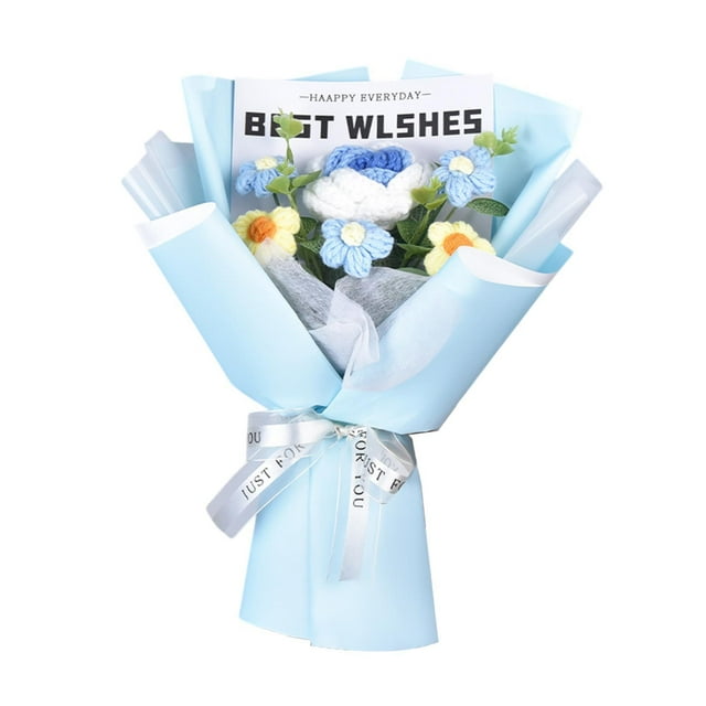 Ramo de flores de ganchillo, ramo de punto hecho a mano, flores artificiales para la madre Rosa azul