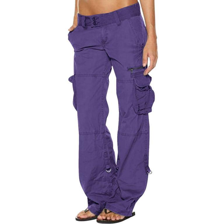 Clearance RYRJJ Women's Hiking Cargo Pants Joggers Casual Combat Work Pants  Relaxed Fit Straight Wide Leg Fashion Trousers Multi Pockets(Purple,XXL) 