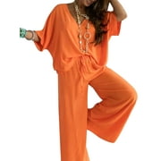 Colisha 2 Piece Outfits Joggers Loungwear for Women  Loose Fit Drawstring Lounge Sets Bat Sleeves V Neck Pajamas Orange L