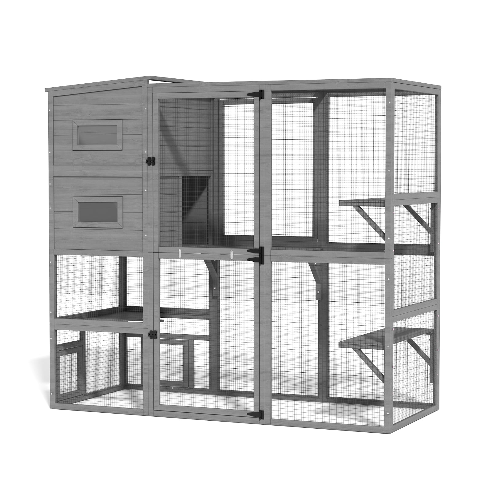 TIMHAKA Catio Outdoor Cat Enclosure Large Wooden Cat House for Mulitiple Cats w/ Resting Box, Platform, Waterproof Roof & Large Door, Gray