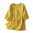 thumbnail image 3 of Women's Linen Short Sleeve Round Neck Top Shirt Blouse Solid Color Breathable Loose Fit Casual Summer Fashion Tunic | CSEONE,Yellow XL, 3 of 9