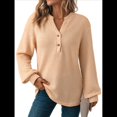 thumbnail image 4 of Blusas Tipo Suéter de Larga Informales con Cuello en V y Cuello de Gofre para Mujer Albaricoque M, 4 of 9