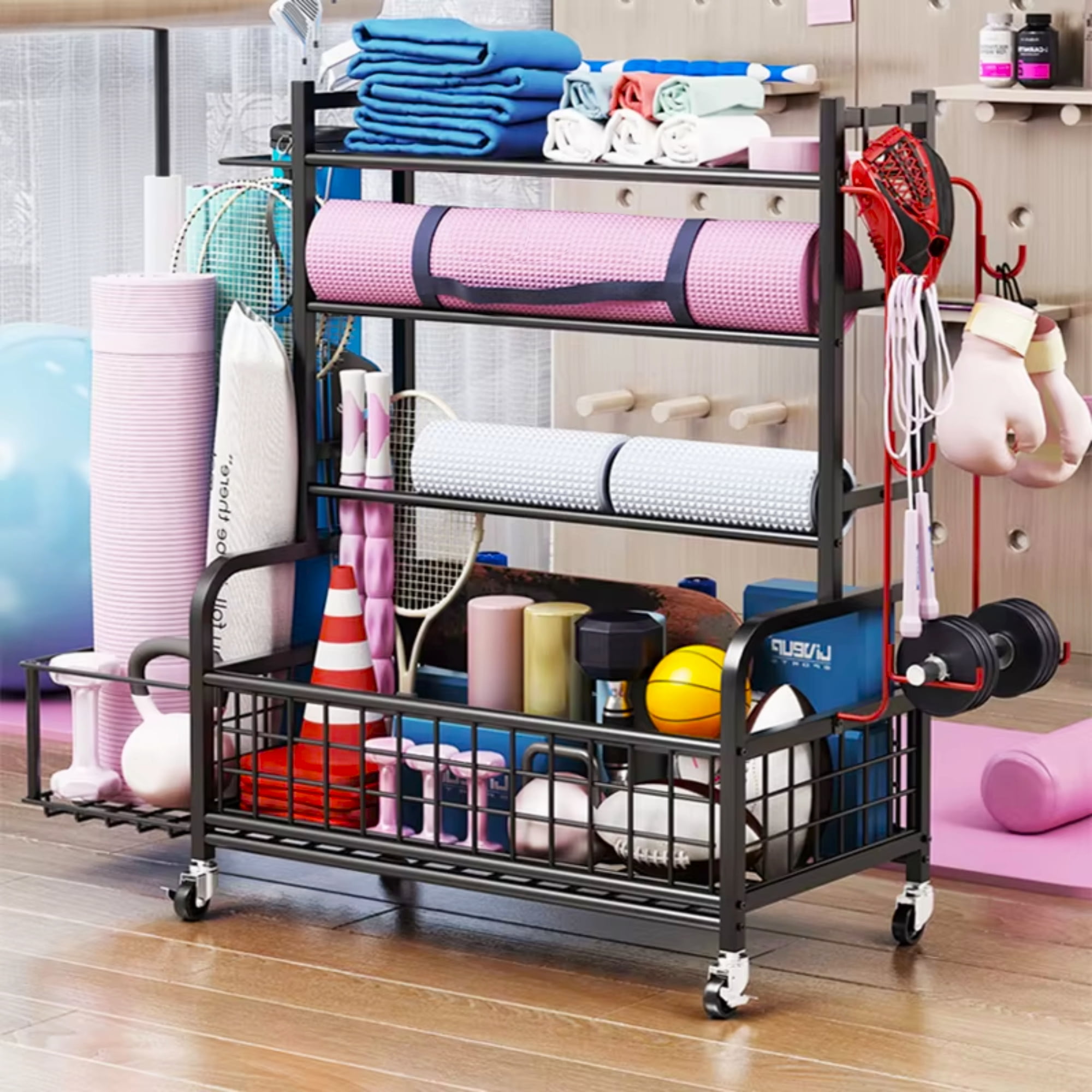Weight Rack,Blacksmith 4-Layers Extra Large Heavy Duty Dumbbell Rack,Sports Equipment Organizer with Wheels and Hooks,Black