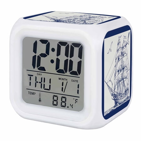 Alarm Clocks Sailing Boat Seagull Digital Clock 7 Color LED Night Light Silent Non-Ticking Battery Operated Blue Ocean Navigation Cube Clocks Decorative for Bedroom Bedside Living Room Office School