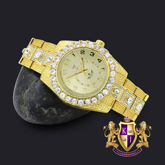 Solitaire 14K Yellow Gold Tone Simulated Diamond Water Resistance Steel Back Metal Band Watch 40mm