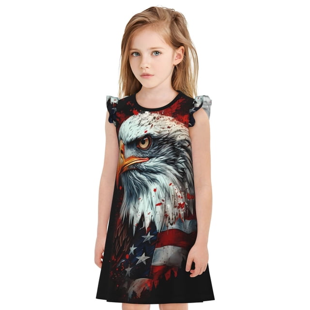 Fotbe USA Bald Eagle Vestido de Dormir para Niñas de 3 a 10 Años, Mangas Cortas, Estilo Princesa, Pijama Camisón con Mangas Voladas-X-Large