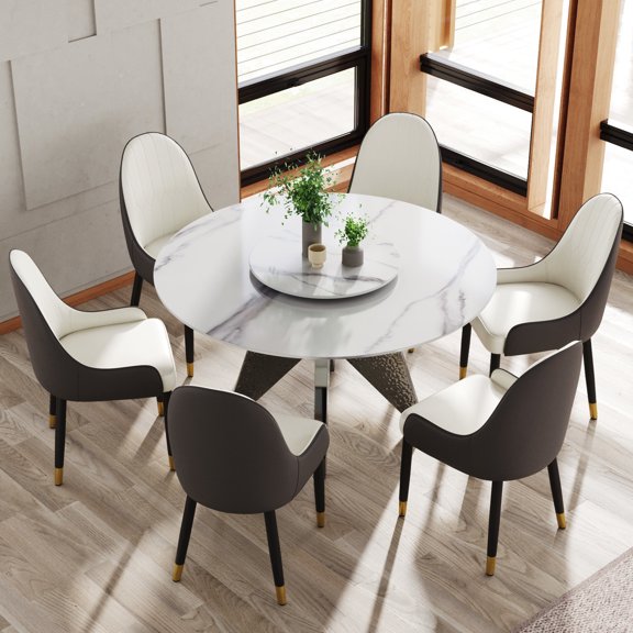 Round 53" Sintered Stone Table for 6 in Dining | Ideal for Family Dinners in Kitchen | Exquisite Black Iron Base | Keeps Clean with Light Wiping