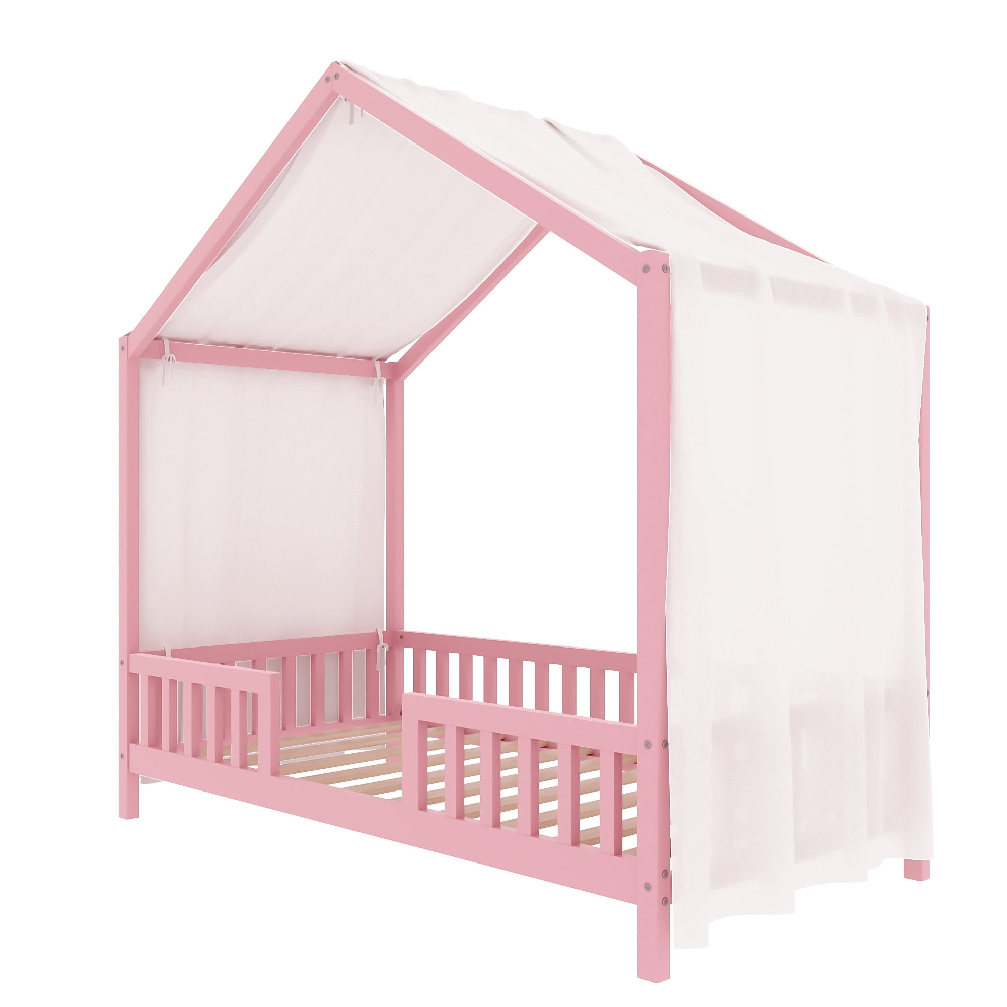 Yoneston Twin Montessori Floor Bed with Canopy & Roof, House Wooden Toddler Bed Frame with High Railings for Kids Children Girls Boys, Pink