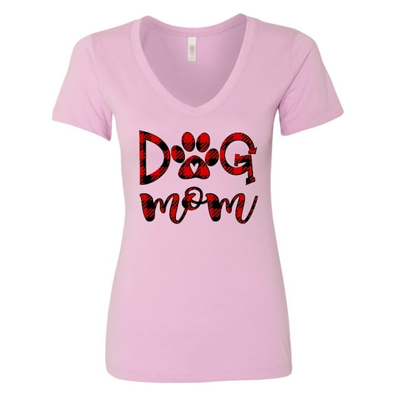 Inktastic Dog Mom with Paw Print in Plaid Women's V-Neck T-Shirt