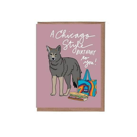 Unique Chicago Style Birthday Card Featuring a Playful Wolf - Blank Inside with Envelope