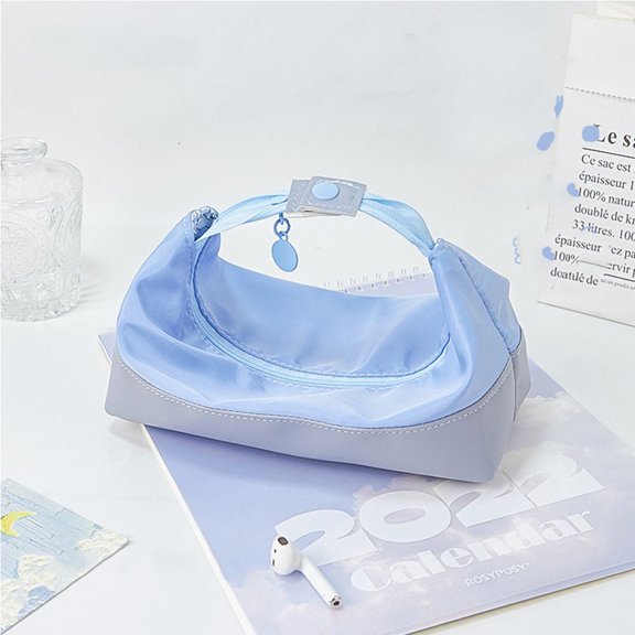 Student Cute Wash Pouch Cream Color Large Capacity Zipper Makeup Bags Travel Organizer Cosmetic Bags Women Toiletry Bag Korean Storage Bags Patchwork Stationery Bag BLUE