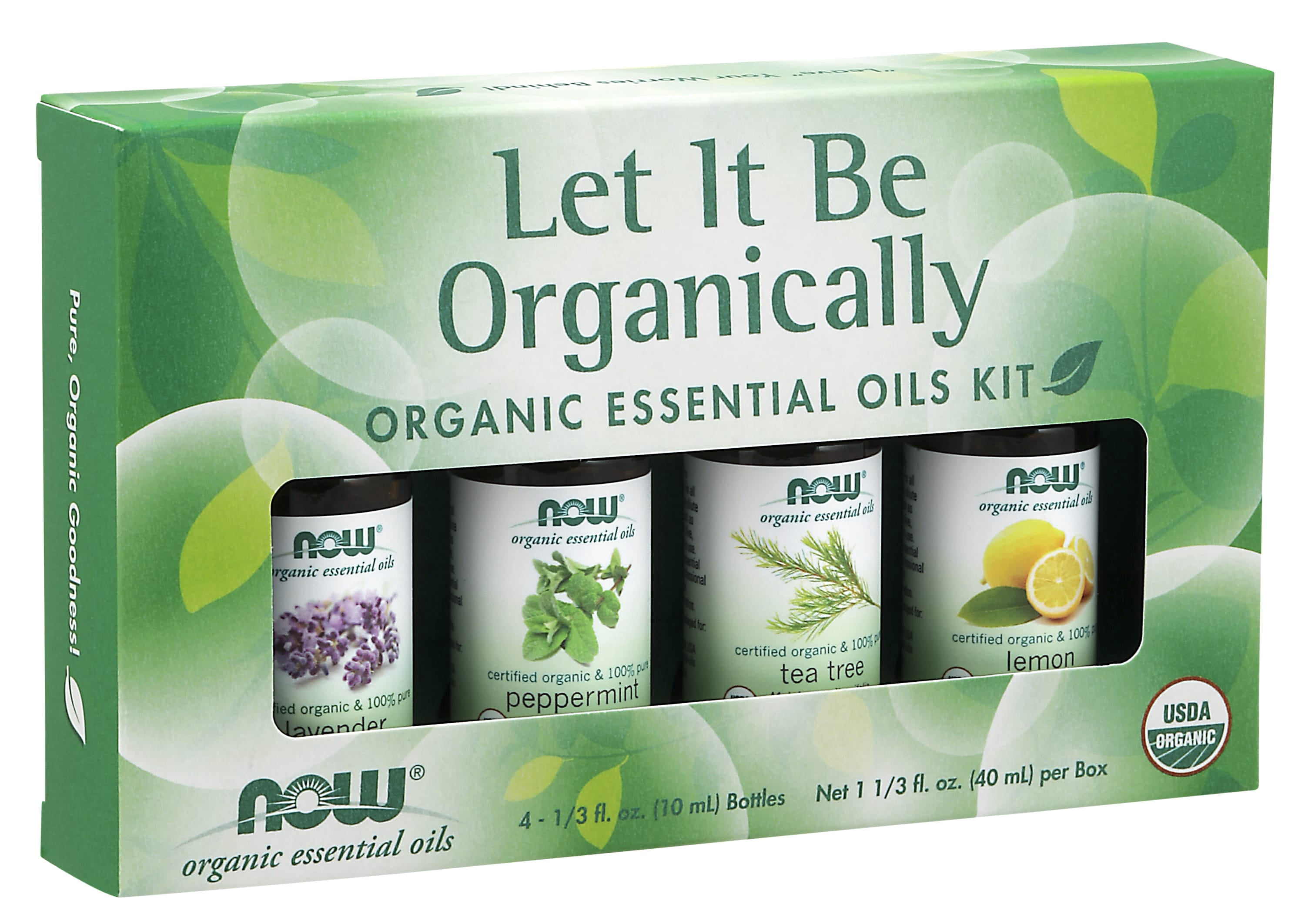 NOW Essential Oils, Let It Be Organically Kit, 4x10ml Including: Organic Lavender, Organic Tea Tree, Organic Peppermint and Organic Lemon Essential Oils With Child Resistant Caps