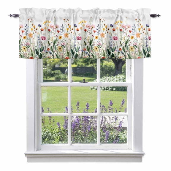 Wildflower Floral Valance Curtain Watercolor Spring Flower Leaves Rustic Window Valances Rod Pocket Short Curtains Window Treatments for Kitchen Bedroom Bathroom Laundry 42" x 12"