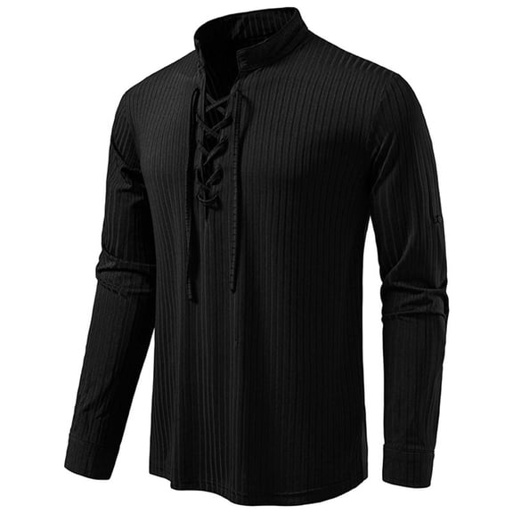 Dagegui Mens Lace Up Shirts Mock Neck Long Sleeve Ribbed T-Shirts Solid Color Casual Pullover Vintage Holiday Party Tee Tops Black S