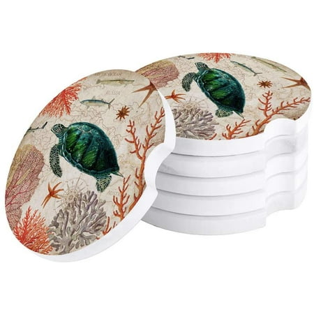 

FMSHPON Ocean Theme Sea Turtle Coral Vintage Set of 2 Car Coaster for Drinks Absorbent Ceramic Stone Coasters Cup Mat with Cork Base for Home Kitchen Room Coffee Table Bar Decor