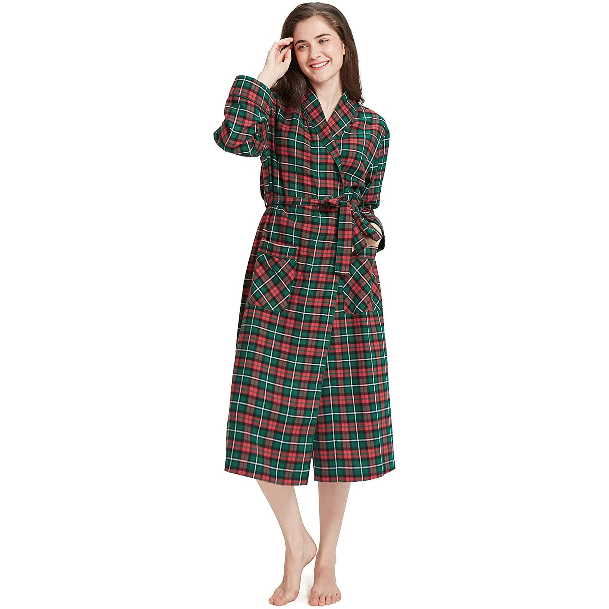 Womens Flannel Robes, Soft Cotton Plaid Bathrobe Shawl Collar