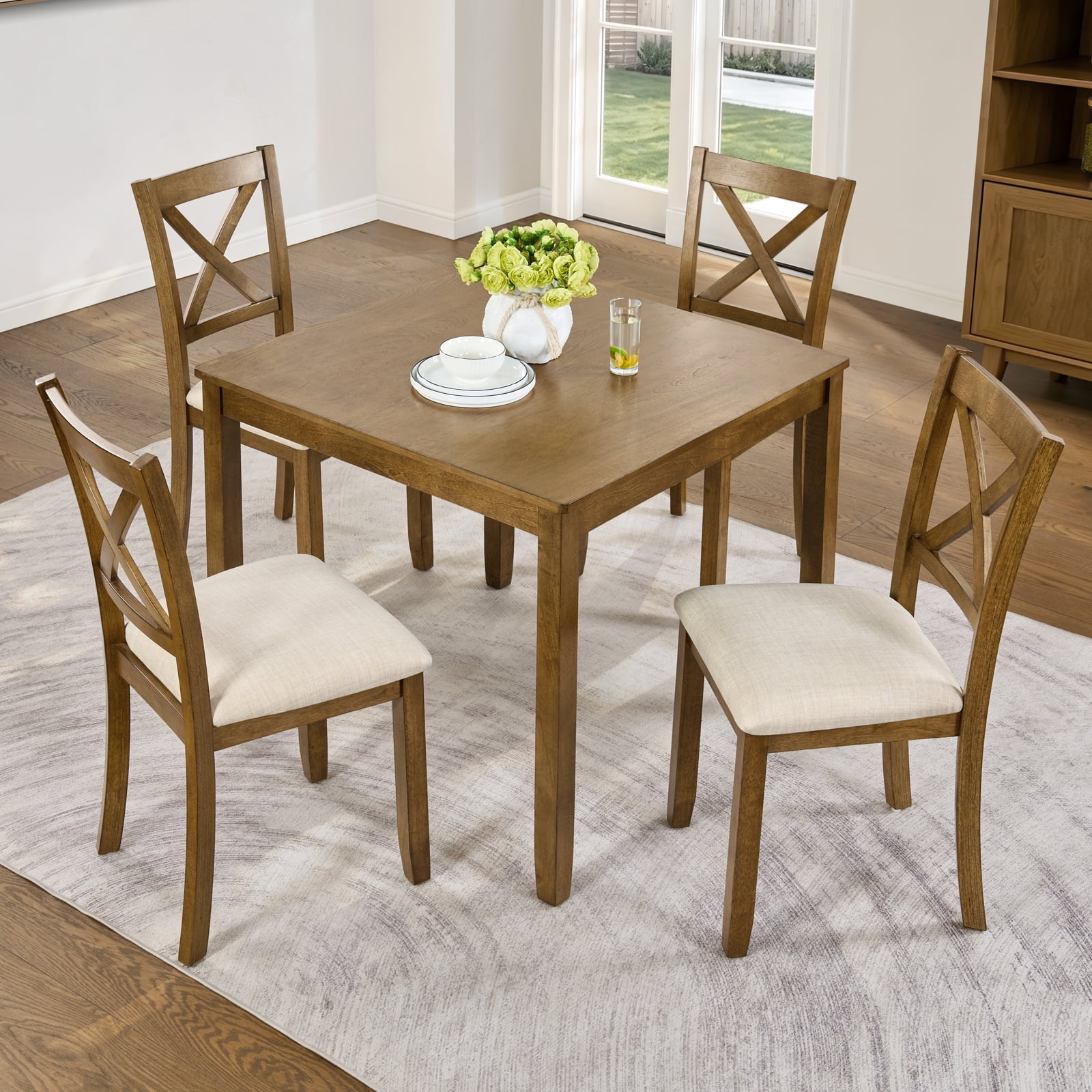 5-Piece Dining Table Set for 4, Square Dining Table with 4 Upholstered Chairs