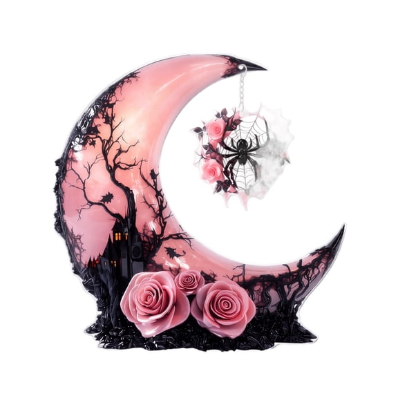 Pink Gothic Decor Halloween Decorations, 2D Acrylic Witch Moon Stand, Vintage Halloween Decorations Indoor, Spooky Home Decor & Tabletop Halloween Witch Decor Figurine
