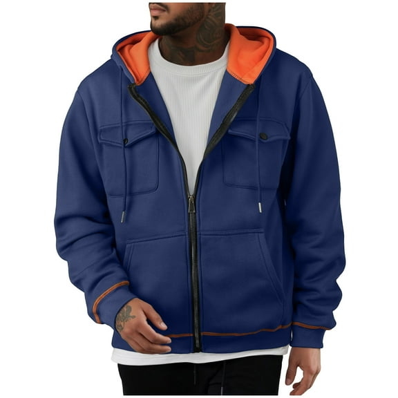 KeShDi Bomber Jacket Men's Solid Color Multi Pocket Zipper Cardigan Long Sleeved Hooded Sweatshirt Jacket Navy M