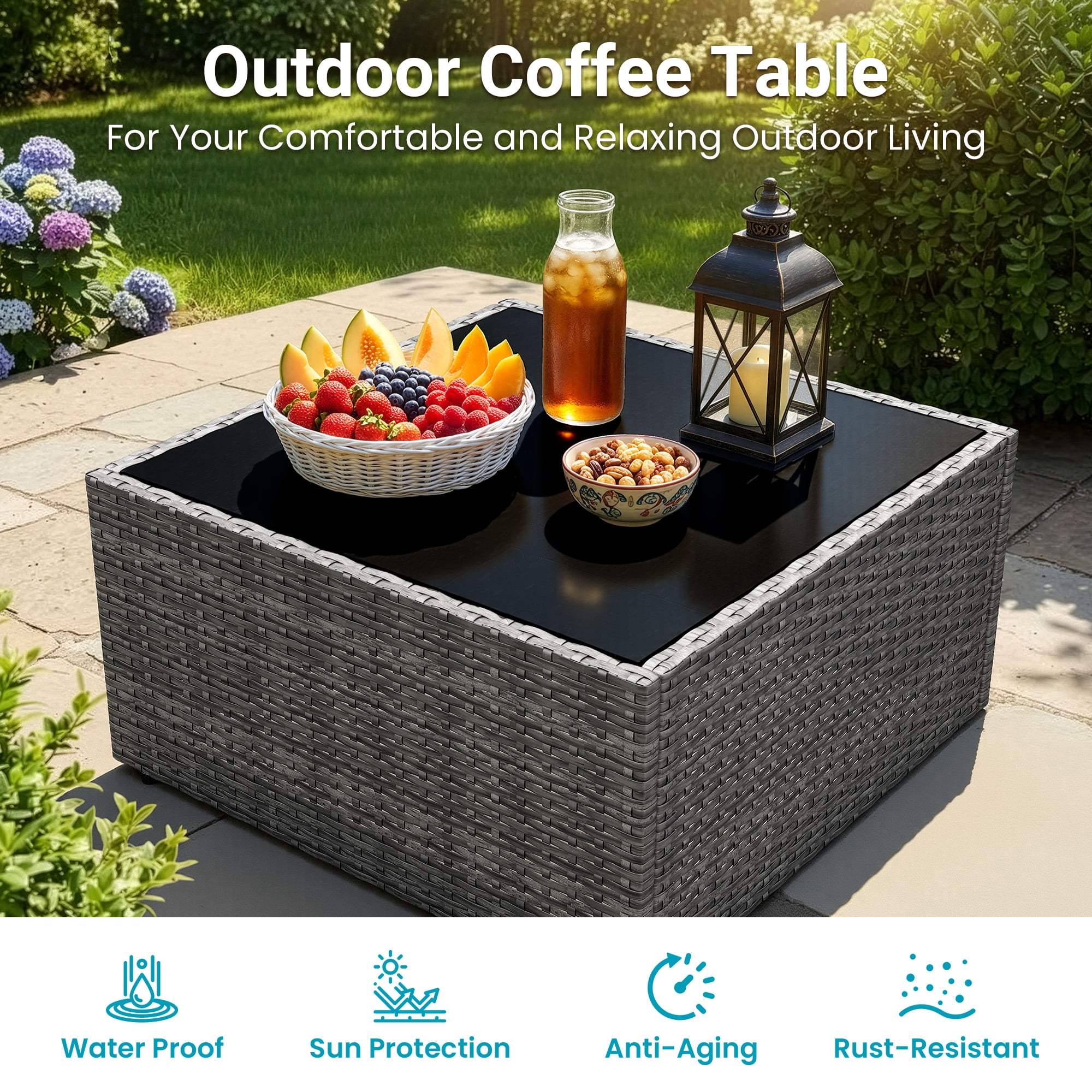 CozyHome 5-Piece Patio Rattan Furniture Set, Wicker Outdoor Sectional Sofas with Ottoman and Coffee Table, Grey