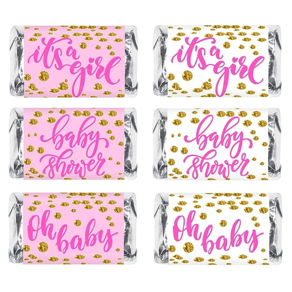 60 Pink Oh Baby Girl Baby Shower Miniatures Candy Bar Wrapper, Its a Girl Baby Shower Mini Candy Bar Stickers Decorations, White and Pink