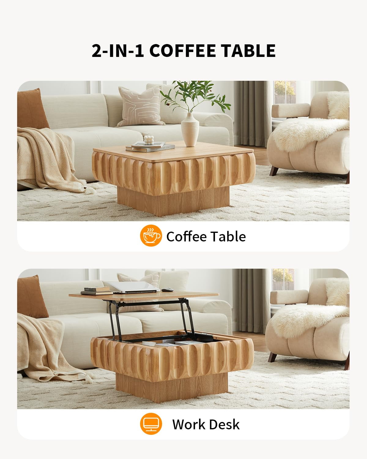 Lift Top Coffee Table with Hidden Storage, 31 inch Solid Wood Fluted Design for Small Space Living Room, Natural