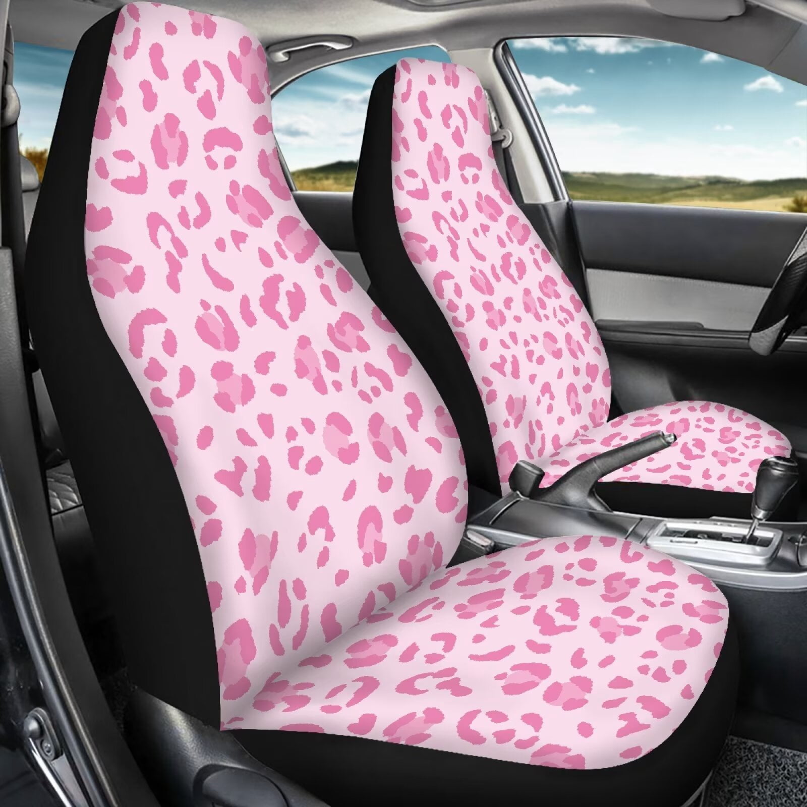 Uorisanigo Car Seat Covers Waterproof Auto Seat Covers Protector Removable Automotive Accessories Universal Front Car Seats Fit Most Cars Women Men, Pink Cheetah Leopard Print