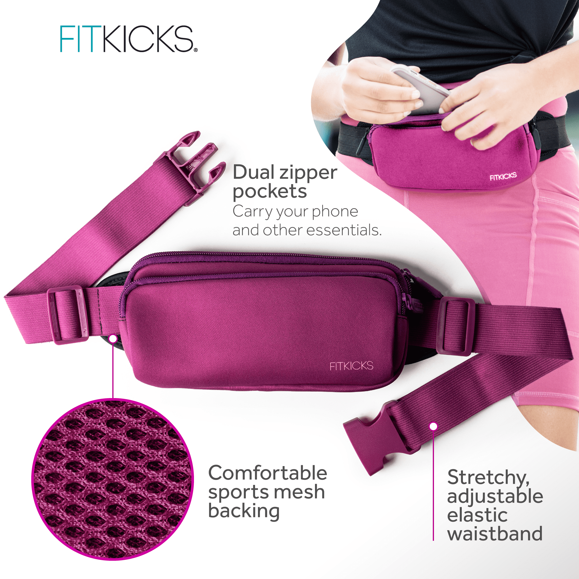 FITKICKS FITZIP Belt Crossbody Bag Fanny Pack Waist Pouch with Adjustable Strap, Purple (Unisex)