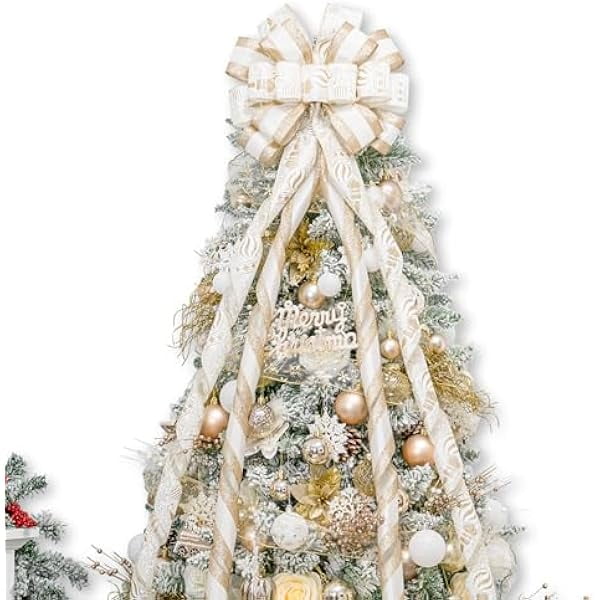 wonima02 Christmas Tree Topper Bow,53x15 Inches Large Christmas Bow with Glitter Streamer and Patterned Ribbon,Decorative Bows for Xmas Tree Wreath Door Festival Home Decor(White Gold)