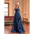 thumbnail image 3 of Teal Blue Sequin Embroidered V-Neck Sleeveless Maxi Evening Gown, 3 of 30