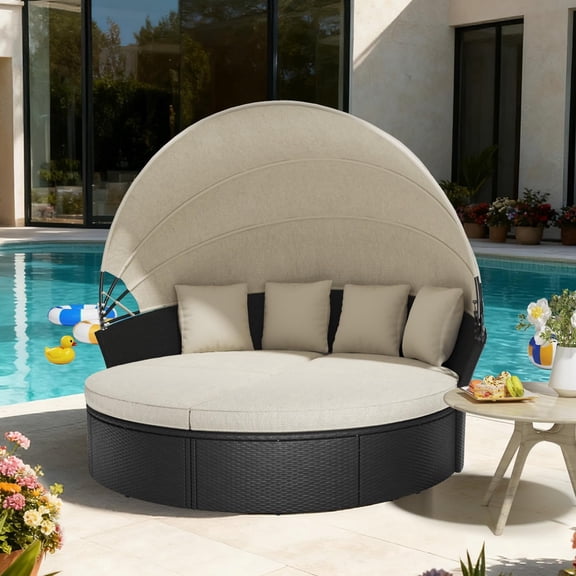 Junkai PE Wicker Retractable Canopy Rust Resistant Metal Outdoor Daybeds, Beige