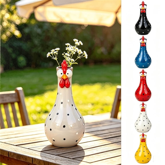 Gunhay Chicken Vase for Flowers, Whimsical Long Neck Colorful Dot Vases Statue (White)