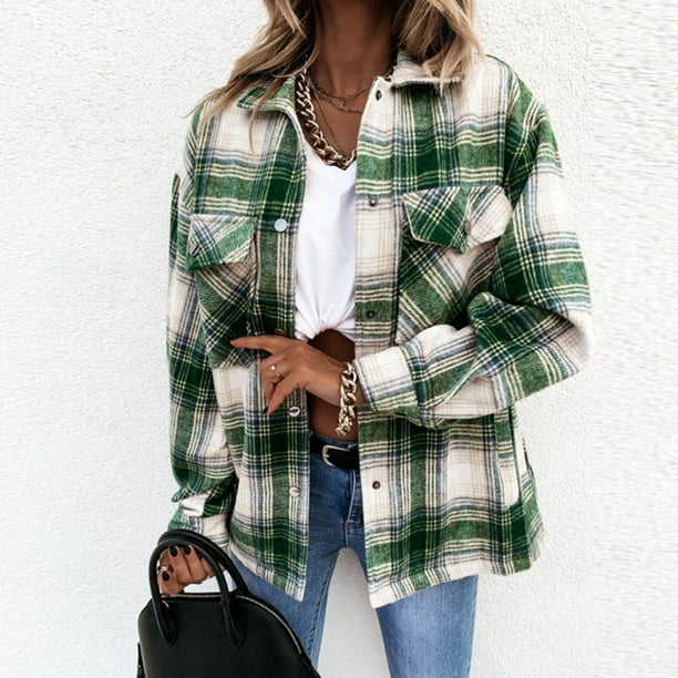 Chaqueta Blusas de otoño para mujer, camisa a cuadros informal con cuello de solapa, atuendo diario de estilo Vintage Ygjytge Verde T XXL para Mujer