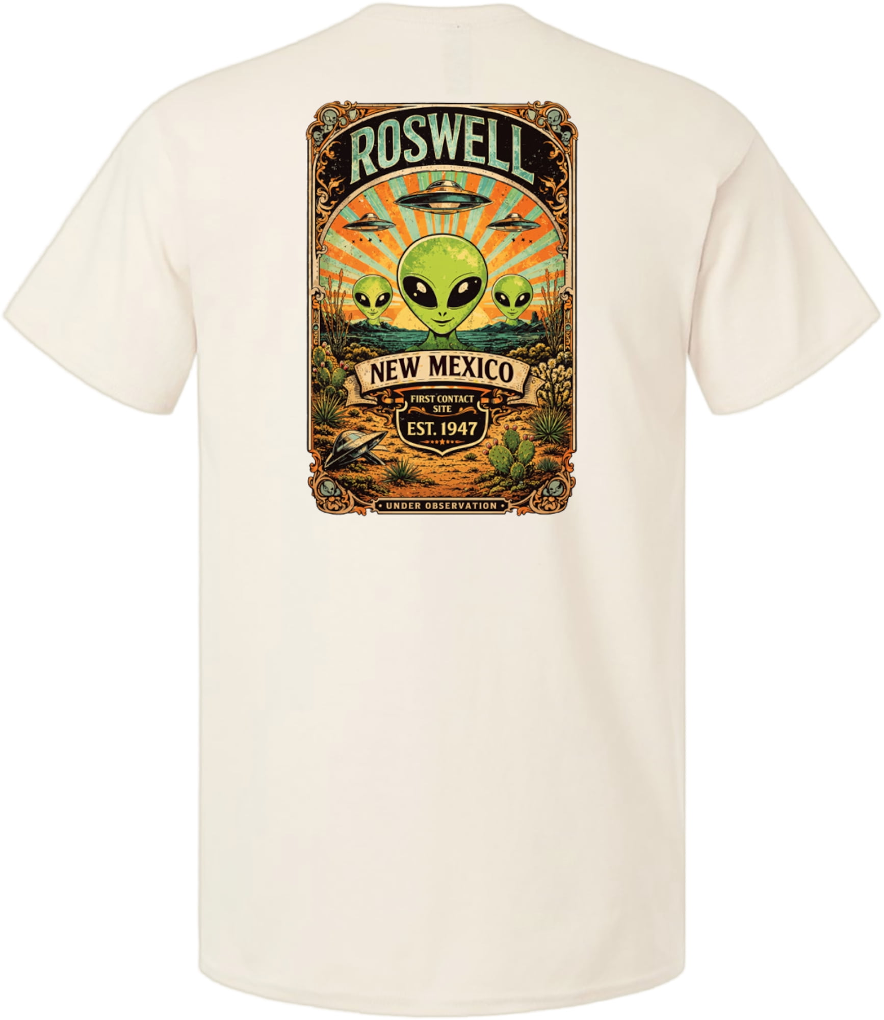 Roswell First Contact Graphic Print Front and Back Short Sleeve T-Shirt