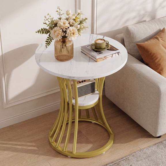 Finmind Round Side Table, 2-Tier Accent End Table with Metal Frame, Faux Marble Tabletop for Living Room, Small Spaces, White and Gold