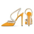 thumbnail image 4 of YDN Women Rhinestone Pointed Toe Slip On Pumps Pearls Studded Stiletto High Heel Shoes Wedding Event Dress Size 8 Yellow, 4 of 4
