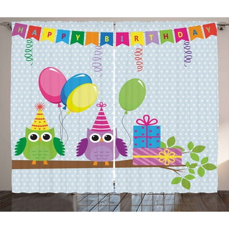 Kids Birthday Curtains 2 Panels Set Cartoon Style Owls At A Party